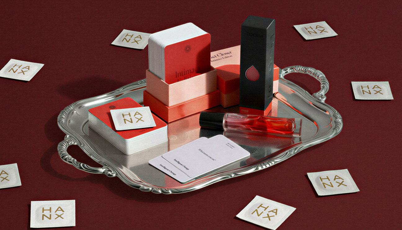 Array of Valentine's Day gifts in red, black, and white
