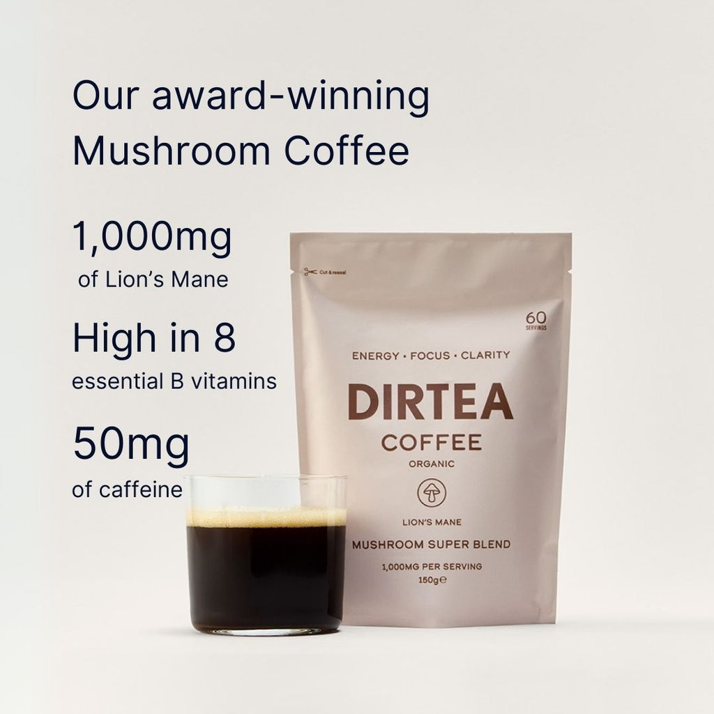 DIRTEA Coffee package with a glass of coffee on a light gray background